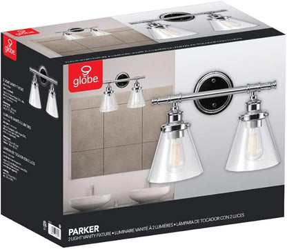 GLOBE Electric 51412 Parker 2-Light Vanity Light, Chrome, Clear Glass Shades
