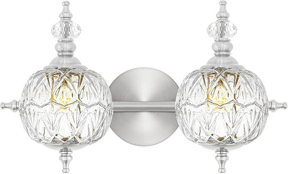 Brushed Nickel Bathroom Vanity Light Fixture Vintage Style - 2 Light G9 Bulb Compatible, 17" Wide Bathroom Lighting Over Mirror with Hand-Etched Glass Shades, Easy Mount for Makeup Area