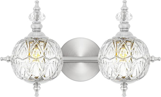 Brushed Nickel Bathroom Vanity Light Fixture Vintage Style - 2 Light G9 Bulb Compatible, 17" Wide Bathroom Lighting Over Mirror with Hand-Etched Glass Shades, Easy Mount for Makeup Area