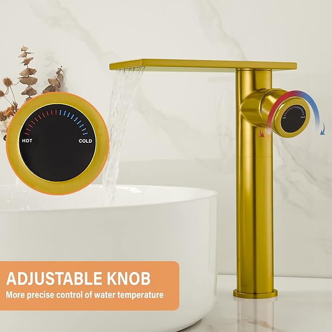 Becola Modern Brushed Gold Tall Waterfall Basin Mixer Tap with Adjustable Knobs and Two Supply Lines
