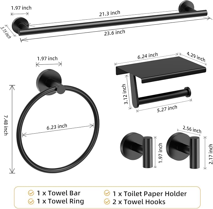 Black 5-Piece Bathroom Hardware Set, 23.6 Inch Towel Bar Set SUS304 Stainless Steel Towel Racks for Bathroom Round Towel Bar, Towel Ring, Toilet Paper Holder, 2 Robe Hooks, Wall Mounted