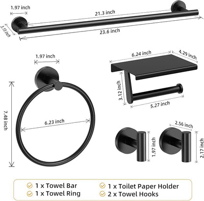 Black 5-Piece Bathroom Hardware Set, 23.6 Inch Towel Bar Set SUS304 Stainless Steel Towel Racks for Bathroom Round Towel Bar, Towel Ring, Toilet Paper Holder, 2 Robe Hooks, Wall Mounted