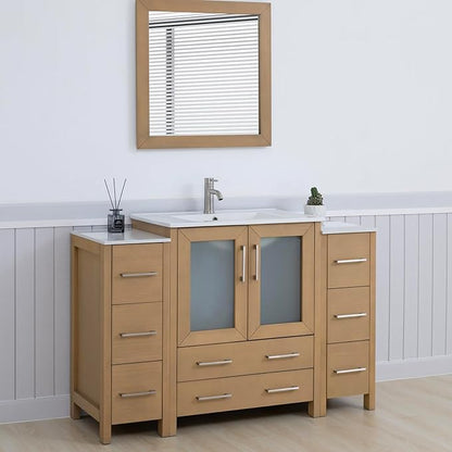 Vanity Art 54 Inch Under Mount Single Sink Bathroom Vanity Cabinet with 1 Mirror, Ceramic Top Bathroom Cabinet Compact Set with 8 Dovetail Storage Drawers and Brushed Nickel Handles, VA3030-54-NO
