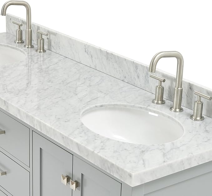 ARIEL Cambridge 66-inch Bathroom Vanity with Sink,Solid Wood, 1.5-inch Italian Carrara Marble Countertop & Backsplash, Double Oval Porcelain Sink, 4 Soft Closing Doors, 6 Dovetail Drawers, Grey