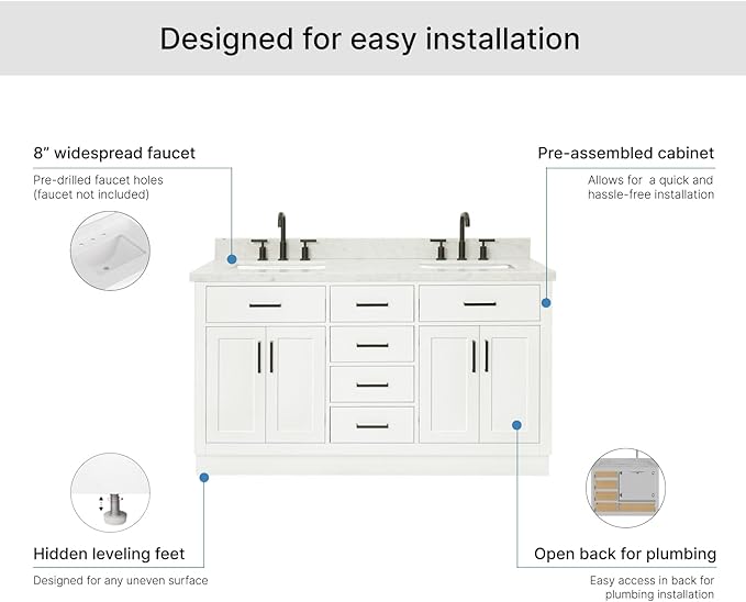 ARIEL Hepburn 60-inch Bathroom Vanity with Sink,Solid Wood, 1.5-inch Italian Carrara Marble Countertop, Double Rectangular Porcelain Sink, 4 Soft Closing Doors, 6 Dovetail Drawers, White