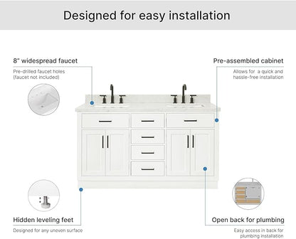ARIEL Hepburn 60-inch Bathroom Vanity with Sink,Solid Wood, 1.5-inch Italian Carrara Marble Countertop, Double Rectangular Porcelain Sink, 4 Soft Closing Doors, 6 Dovetail Drawers, White