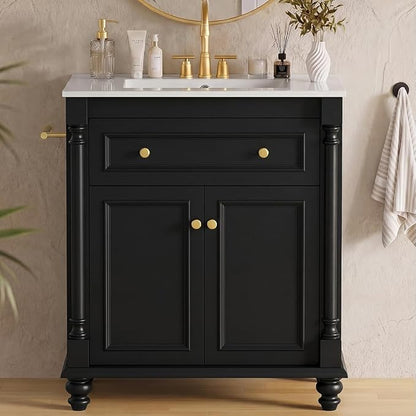 YESHOMY 30" Bathroom Vanity with Sink, Bathroom Storage Cabinet | Bathroom Vanity, Solid Wood, Integrated Ceramic Basin, 1 Flip-Down Drawer, 2 Doors & Adjustable Shelf, Black