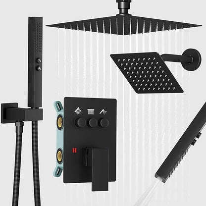 Shower Faucet Set Shower System, Push Button Diverter Shower Faucet | with 2 in 1 Handheld Shower Ceiling Mount 10 Inch Shower Head with 6 Inch Wall Mount Shower Head Double Matte Black