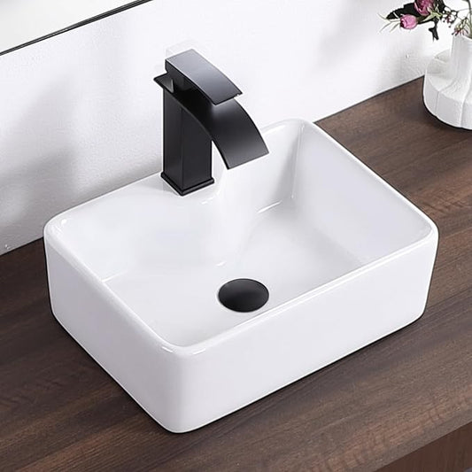 Small Vessel Sink 16"x12" Bathroom Sink Modern Above Counter Rectangular 16 Inch Bathroom Sinks With Faucet Hole White Porcelain Ceramic Tiny Bathroom Sink