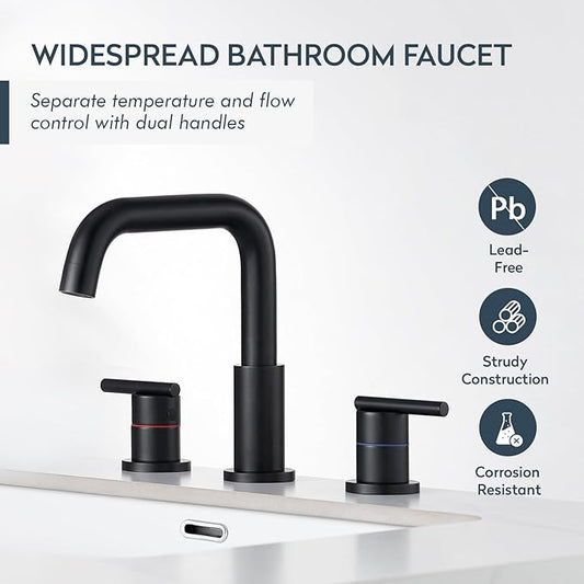 Black Bathroom Faucet 3 Hole, Widespread 8-Inch Bathroom Sink Vanity Utility Sink Faucet for with Full-Metal Pop-Up Drain, Matte Black