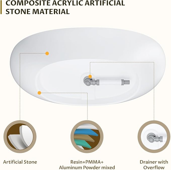 67" Freestanding Bathtub, Solid Surface Soaking Tub - Oval Egg Shell Stone Resin with Pop-Up Drain & Overflow, CUPC Certified Matte White Deep Soaking Tub with Ergonomic Design for Luxury Bathroom