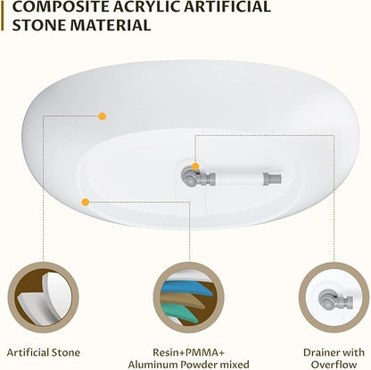 67" Freestanding Bathtub, Solid Surface Soaking Tub - Oval Egg Shell Stone Resin with Pop-Up Drain & Overflow, CUPC Certified Matte White Deep Soaking Tub with Ergonomic Design for Luxury Bathroom