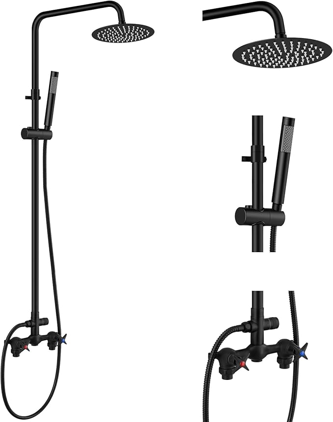 Aolemi Outdoor Shower Kit,8 Inch Rain Head and Handheld,Matte Black | 2-Handle Hot and Cold Control, Adjustable Height, 6-Inch Center Valve, 59-Inch Hose, Winter Drainage Outdoor Shower Fixtures
