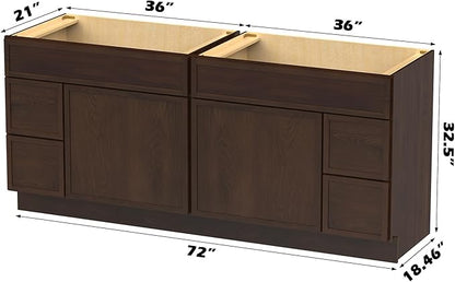 HomeBeyond 72 Inches Bathroom Vanity Base Cabinet Without Sink, Double Sink Top with Door & Soft Closing Drawers, Sturdy Floor Mounted Cabinet 2-Door 4-Drawer, Brown