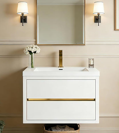 Modern 30" Wall-Mounted Bathroom Vanity with Sink | Floating Storage Cabinet, Stone Resin Countertop, Soft Close Drawers | Glossy White