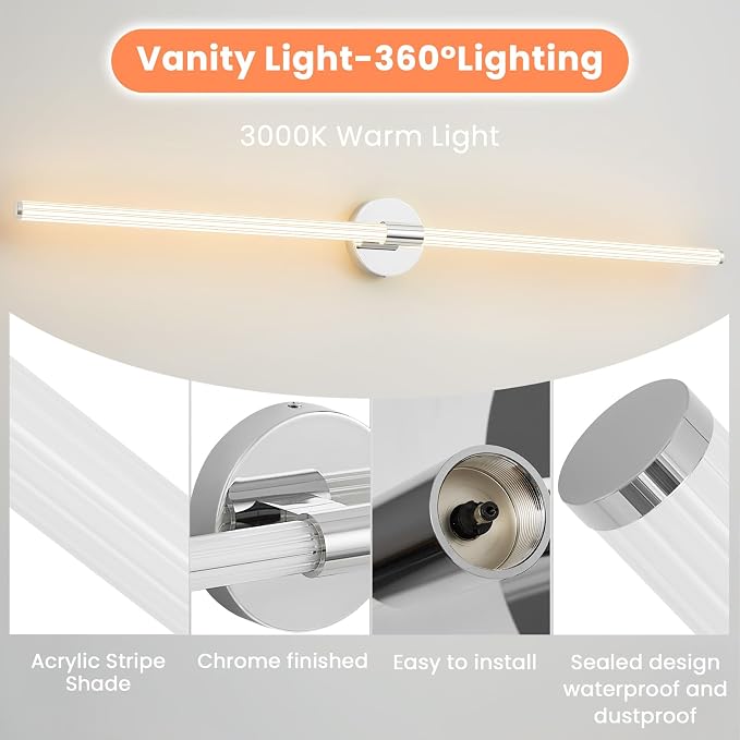 Bathroom Vanity Lights 47" Long LED Vanity Light Bar Chrome | 360° Bright Bathroom Lights, Dimmable Vanity Light, Hardwired Wall Light 3000K Warm White for Mirror