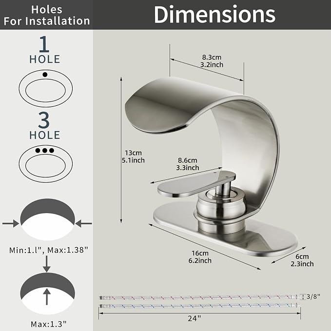 Brushed Nickel Waterfall Bathroom Sink Faucet, Modern Single Hole 1 Handle Vanity Faucet with Pop-Up Drain & 2 Hoses, Stainless Steel Deck Mount Lavatory Faucet for Bathroom Sink