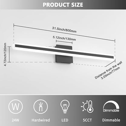 JUSHENG Black Vanity Lights for Bathroom, 5CCT Dimmable Bathroom Lights Over Mirror, Modern LED Vanity Light Fixtures Over Mirror 32'' Inch 24W