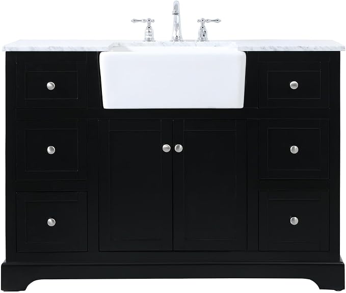 48" Pre-Assembled Bathroom Vanity with Sink, Solid Birch and MDF, Carrara White Marble Countertop Attached, Single Rectangle Porcelain Sink, 6 Soft-Close Drawers, Black