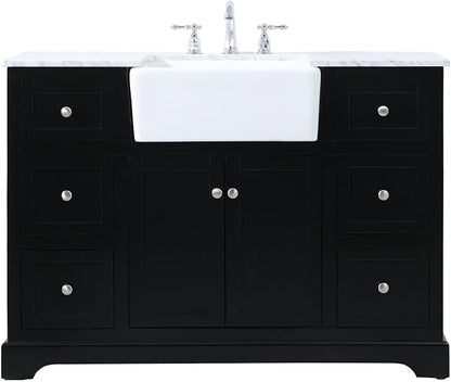 48" Pre-Assembled Bathroom Vanity with Sink, Solid Birch and MDF, Carrara White Marble Countertop Attached, Single Rectangle Porcelain Sink, 6 Soft-Close Drawers, Black