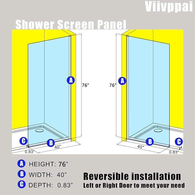 Shower Screen 40" x 76" Half Frameless Shower Wall Panel, Tempered Glass 3/8 inch, Easy to clean Coating, Fixed Glass Shower Door with Hardware (Matte Black)