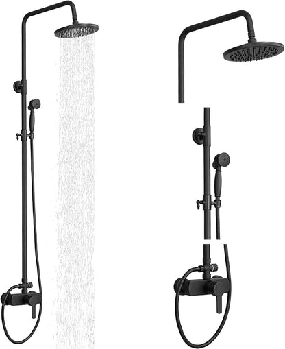 BWE Black Outdoor Shower Faucet Set Two Functions Rainfall Shower Head with Handheld Sprayer Single Handle Wall Mounted Exposed Shower Fixtures for Bathroom or Backyard,Matte Black