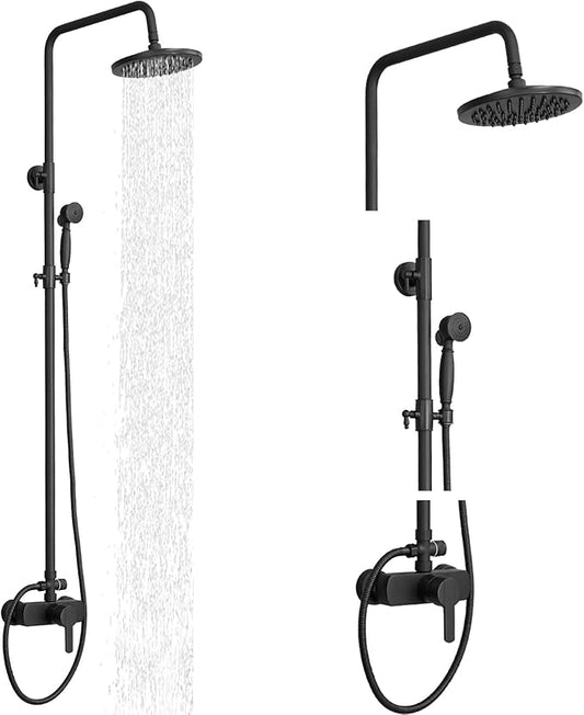 BWE Black Outdoor Shower Faucet Set Two Functions Rainfall Shower Head with Handheld Sprayer Single Handle Wall Mounted Exposed Shower Fixtures for Bathroom or Backyard,Matte Black