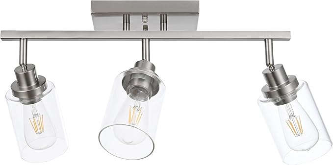 MELUCEE 3 Light Bathroom Vanity Light Brushed Nickel Track Lighting Fixtures Ceiling, Wall Light Fixtures with Rotatable Track Head for Hallway Porch Foyer Bath Storage, Clear Glass Shade