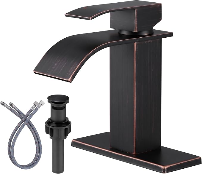 Oil Rubbed Bronze Bathroom Faucet - ARCORA Waterfall Bathroom Faucet Single Handle Mixer Tap Lavatory Vanity Sink Faucet with Deck Plate and Pop Up Drain, 1 or 3 Hole