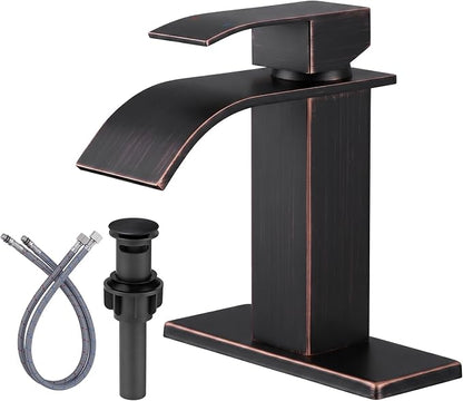 Oil Rubbed Bronze Bathroom Faucet - ARCORA Waterfall Bathroom Faucet Single Handle Mixer Tap Lavatory Vanity Sink Faucet with Deck Plate and Pop Up Drain, 1 or 3 Hole