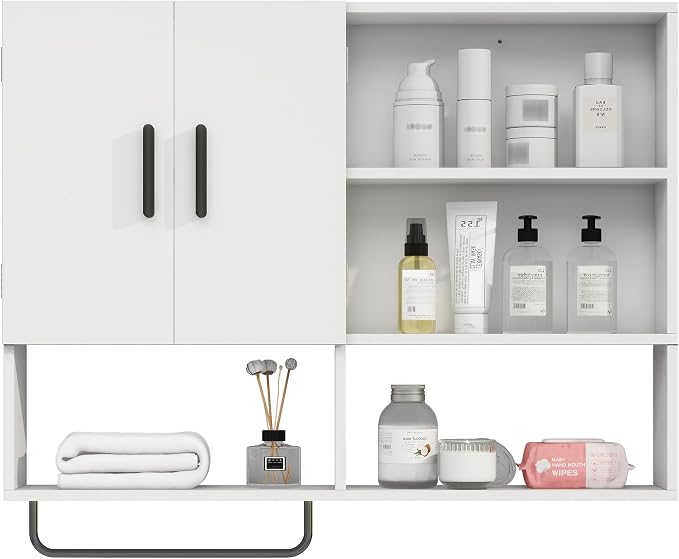 Bathroom Wall Cabinet, Medicine Cabinet with Towel Bar & 2 Doors, White