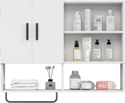 Bathroom Wall Cabinet, Medicine Cabinet with Towel Bar & 2 Doors, White