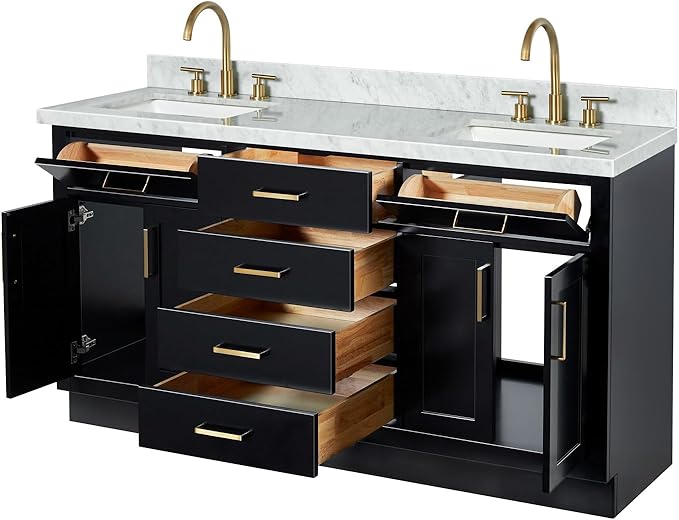 ARIEL Hepburn 66-inch Bathroom Vanity with Sink,Solid Wood, 1.5-inch Italian Carrara Marble Countertop, Double Rectangular Porcelain Sink, 4 Soft Closing Doors, 6 Dovetail Drawers, Black