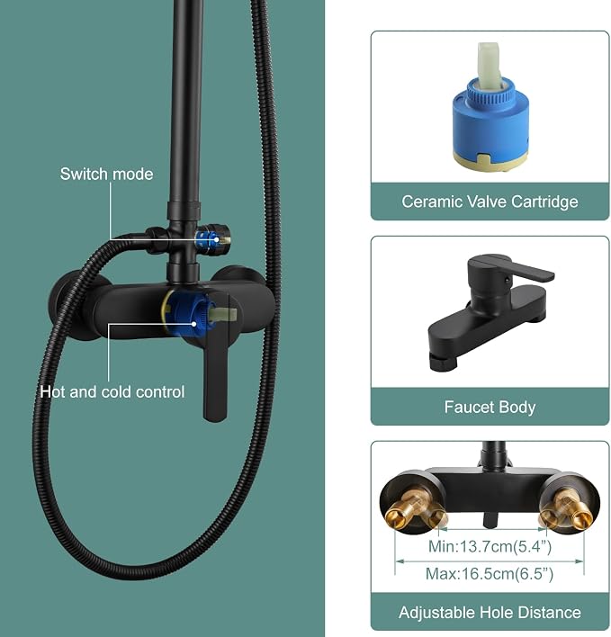 Heyalan Exposed Shower System, 8 Inch Rain Head, Handheld, Matte Black | Exposed shower system with 8 inch rain head, handheld sprayer, single handle control, and complete wall-mounted setup.