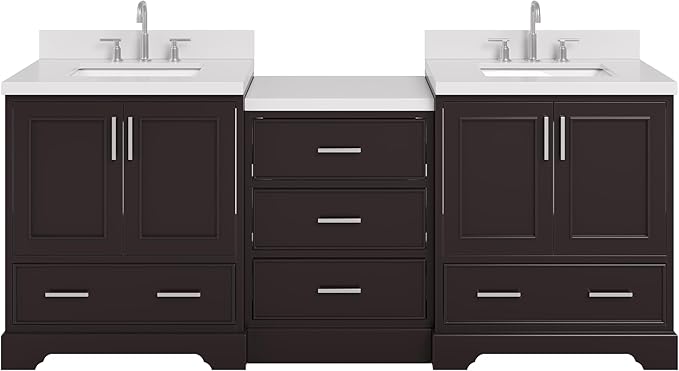 ARIEL Stafford 84-inch Bathroom Vanity with Sink,Solid Wood, 1.5in Pure White Quartz Countertop & Backsplash, Double Rectangular Porcelain Sink, 4 Soft Closing Doors, 5 Dovetail Drawers, Espresso