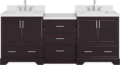 ARIEL Stafford 84-inch Bathroom Vanity with Sink,Solid Wood, 1.5in Pure White Quartz Countertop & Backsplash, Double Rectangular Porcelain Sink, 4 Soft Closing Doors, 5 Dovetail Drawers, Espresso