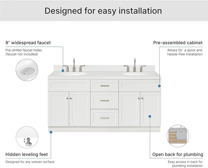 ARIEL Hamlet 72" Double White Bathroom Vanity, 1.5" Edge Carrara Quartz Countertop & Splash, Oval Sinks, 4 Soft Closing Doors, 3 Full Extension Dovetail Drawers, Toe Kick, Brushed Nickel