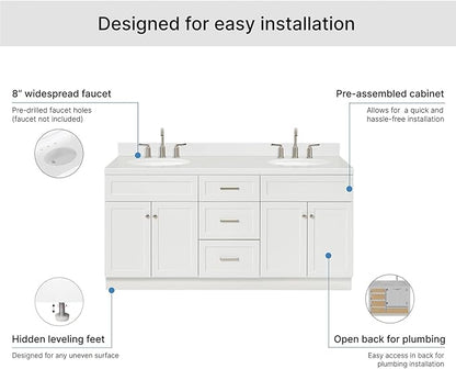 ARIEL Hamlet 72" Double White Bathroom Vanity, 1.5" Edge Carrara Quartz Countertop & Splash, Oval Sinks, 4 Soft Closing Doors, 3 Full Extension Dovetail Drawers, Toe Kick, Brushed Nickel