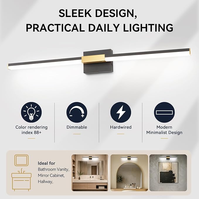 SOLFART Vanity Lights for Bathroom 40-Inch: Black and Gold Dimmable Bathroom Light Fixtures Over Mirror, Built-in Dimmer, Thickened Aluminum Body, 360 Degree Rotation, ETL IP44