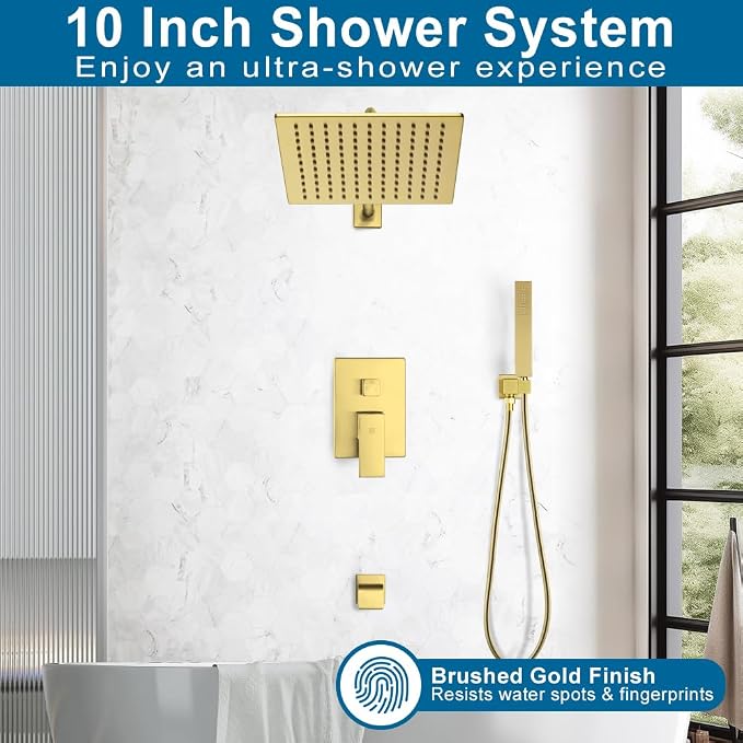 Shower Tub Faucet Set Brushed Gold Bathroom Rain Shower System with Tub Spout Wall Mounted Rainfall 10 Inch Thickened Shower Head and Handle Set Include Shower Valve and Trim Kit