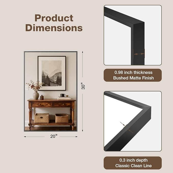 MZON 20" x 30" Matte Black Bathroom Vanity Mirror, Mirror for Over Sink | Aluminum Alloy Frame, Clear Reflection, Rust-Resistant, Vertical or Horizontal, Wall Mount, Bedroom and Entryway