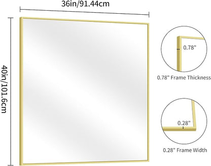 YIROMAN Bathroom Mirror 36"x40", Large Brushed Gold Bathroom Mirror for Over Sink with Aluminum Frame, Rectangular Vanity Mirror with Right Angle, Wall Mirror Hangs Horizontal or Vertical