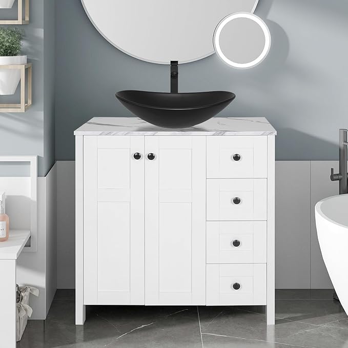 32 Inches White Bathroom Vanity with Marble Texture Top and 4 Drawers, Modern Standing Pedestal Cabinet with Black Boat Ceramic Sink