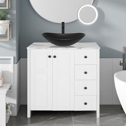 32 Inches White Bathroom Vanity with Marble Texture Top and 4 Drawers, Modern Standing Pedestal Cabinet with Black Boat Ceramic Sink