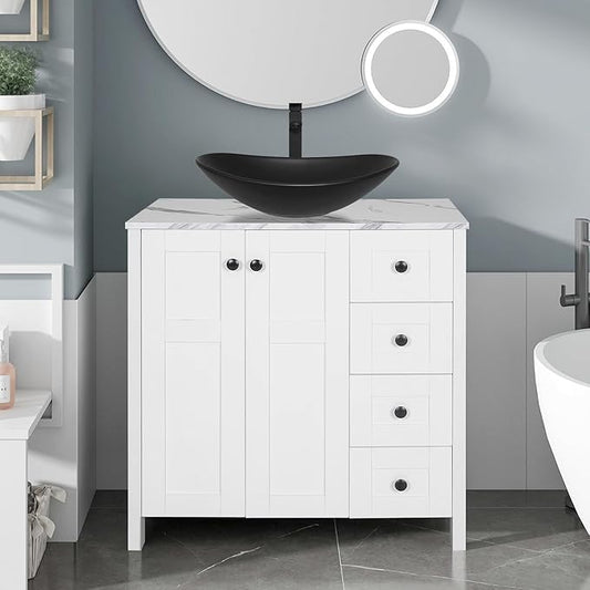 32 Inches White Bathroom Vanity with Marble Texture Top and 4 Drawers, Modern Standing Pedestal Cabinet with Black Boat Ceramic Sink