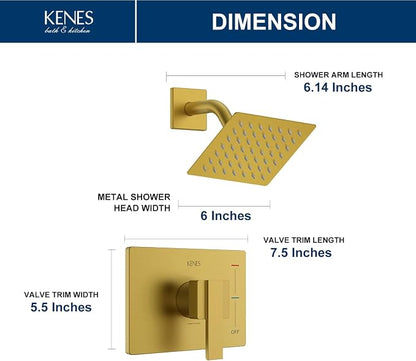 KENES Brushed Gold Shower Faucet, Modern Square 6-Inch Shower Head and Handle Set, Bathroom Rainfall Shower System Wall Mount, KE-6025B-4 (Including Shower Valve)