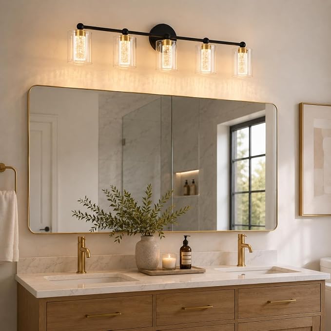 Black and Gold Vanity Light with 3 Color Modes, Eye Protection LED Bathroom Light Fixtures, Dimmable Modern Wall Light Over Mirror with Clear Glass Shade (Black & Gold, 5-Light)