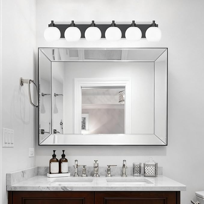 IZORRO Bathroom Light Fixtures, 6-Light Matte Black Vanity Light, Modern Wall Sconces with Globe Milk White Glass Shade, Vanity Lighting Fixtures Over Mirror,E26 Bulb Socket