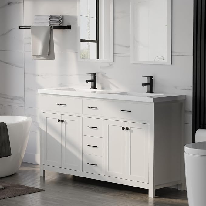 LUCKWIND 60" Bathroom Vanity and Sink Combo, Painted Modern Bathroom Storage Cabinet with Double Large Sink, Four Doors and Three Drawers, Include Faucet, Without Mirror, White