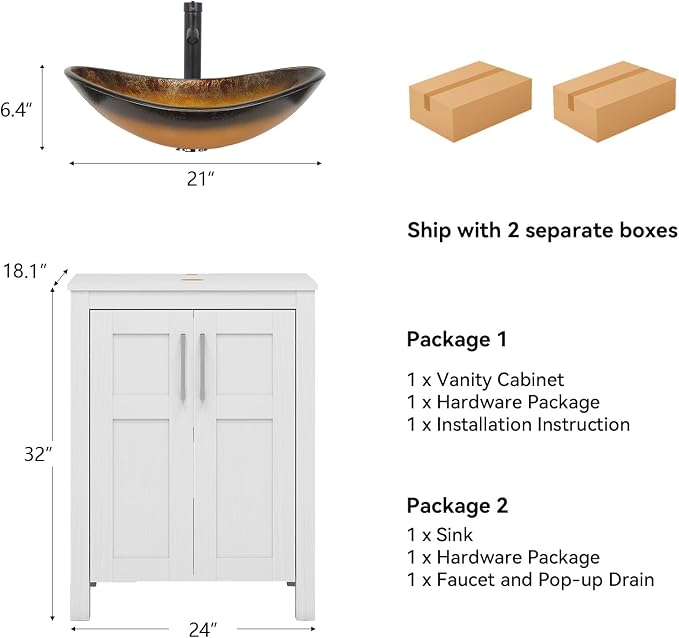 YOURLITE 24" Bathroom Vanity with Sink, White Bathroom Vanity with Faucet & Pop Up Drain Set,Traditional Vanity with Black Glass Bowl Bathroom Sink